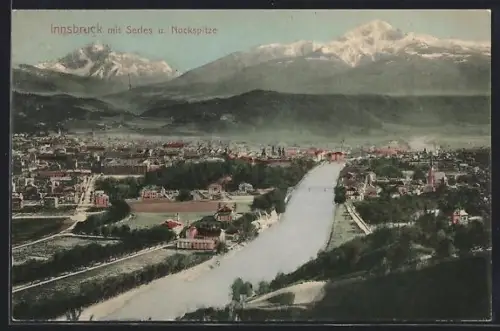 AK Innsbruck, Panorama mit Serles und Nockspitze