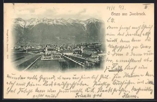 AK Innsbruck, Panorama mit Stadt und Gebirgskette