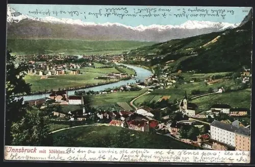 AK Innsbruck-Mühlau, Panorama mit Inn, Ortsteil und Bergpanorama