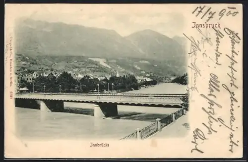AK Innsbruck, Innbrücke mit Stadt- und Bergpanorama