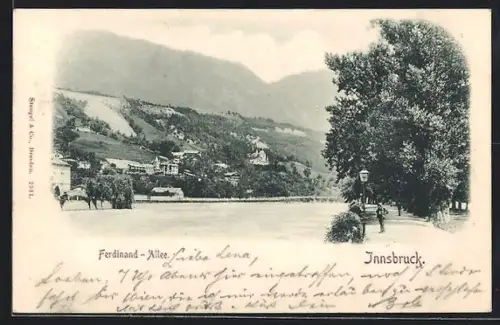 AK Innsbruck, Ferdinand-Allee, Promenade am Fluss mit Bergpanorama