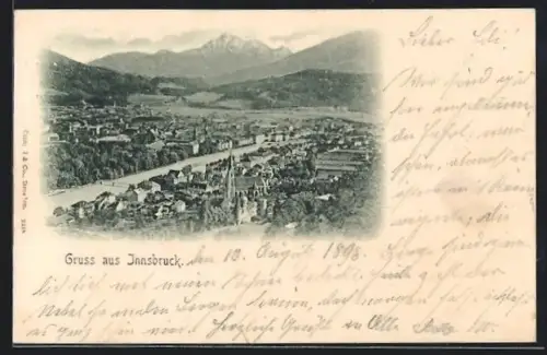 AK Innsbruck, Panorama mit Inn, Kirchen und Bergpanorama