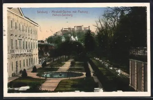 AK Salzburg, Mirabellgarten mit Festung Hohensalzburg
