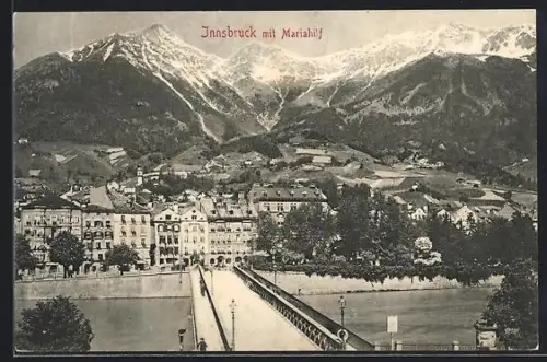 AK Innsbruck, Ortsansicht mit Mariahilf, Innbrücke, Häuserfront, Bergpanorama