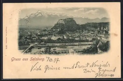AK Salzburg, Panorama mit Festung Hohensalzburg und Salzach