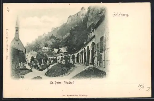 AK Salzburg, St. Peter-Friedhof mit Arkaden und Festung
