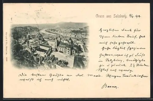 AK Salzburg, Panorama mit Altstadt, Festung Hohensalzburg und Salzach