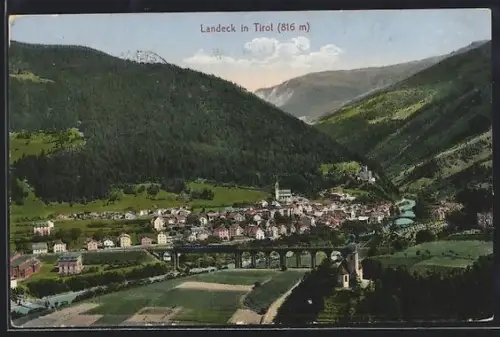 AK Landeck in Tirol, Panorama mit Viadukt, Fluss und Kirche