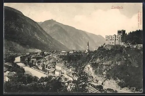 AK Landeck, Panorama mit Burg, Kirche und Fluss