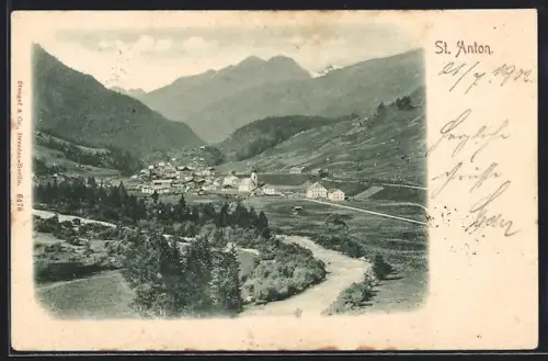 AK St. Anton, Panorama mit Kirche und Gebirgsbach