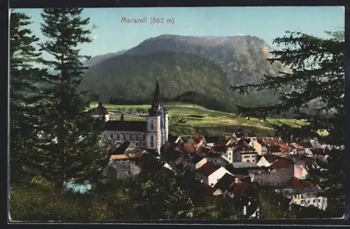 AK Mariazell, Panorama mit Kirche und Bergen