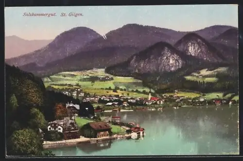 AK St. Gilgen /Salzkammergut, Seepanorama mit Ort