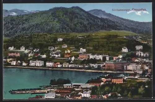 AK Gmunden /Salzkammergut, Panorama mit See