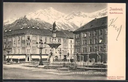 AK Innsbruck, Rudolfsbrunnen mit Bergpanorama