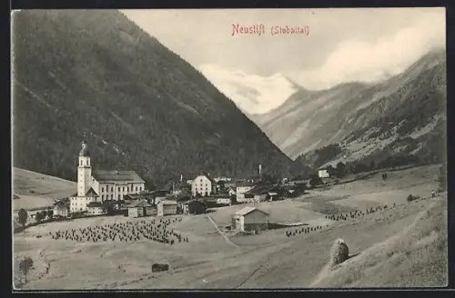 AK Neustift /Stubaital, Kirche und Bergpanorama
