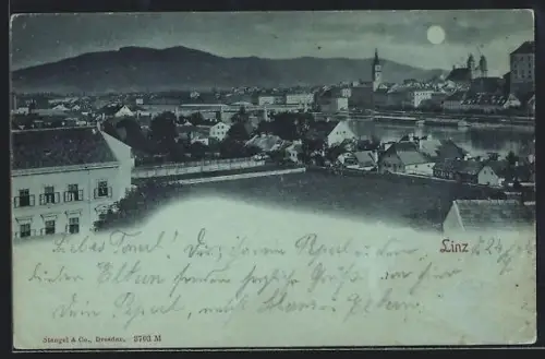 Mondschein-AK Linz, Panoramaansicht im Vollmondlicht