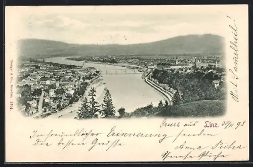 AK Linz, Donaubrücke mit Bergpanorama