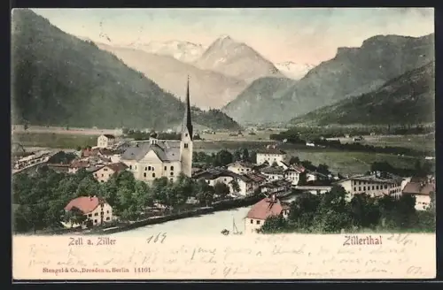 AK Zell a. Ziller, Ortsansicht mit Kirche