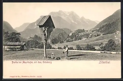AK Mayrhofen /Zillerthal, Wegkreuz mit Grünberg