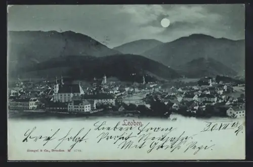 Mondschein-AK Leoben, Ortsansicht im Vollmondlicht