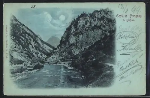 Mondschein-AK Hieflau /Gesäuse, Gesäuse Ausgang