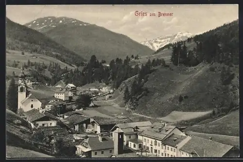 AK Gries am Brenner, Panorama mit Kirche und Bergen