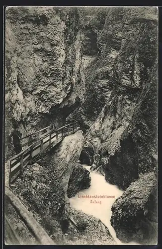 AK Liechtensteinklamm, Anfang mit Holzsteg und Gebirgsbach