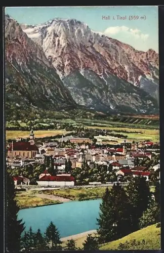 AK Hall i. Tirol, Panorama mit Kirche und Gebirge