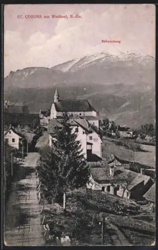AK St. Corona am Wechsel, Ortsansicht mit Kirche und Schneeberg