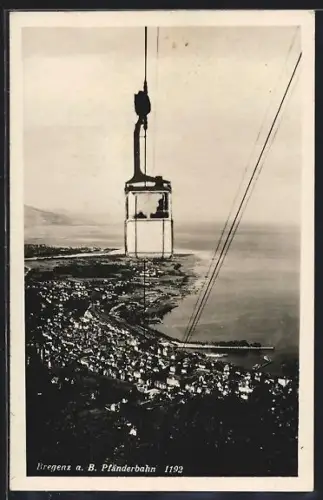AK Bregenz a. B., Pfänderbahn, Seilbahnkabine über Stadt und Bodensee