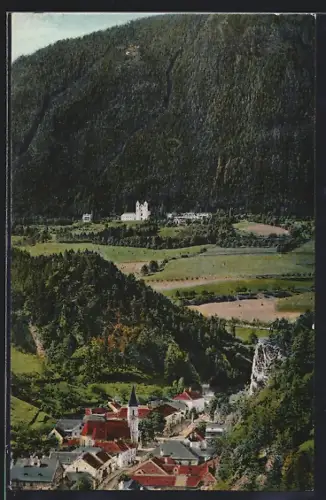 AK Schottwien, Ortsblick mit Wallfahrtskirche Maria-Schutz