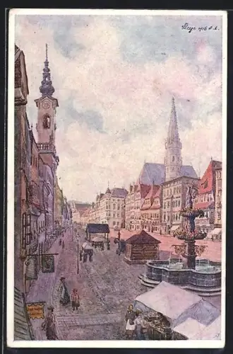AK Steyr, Stadtplatz mit Brunnen, Rathaus- und Kirchturm
