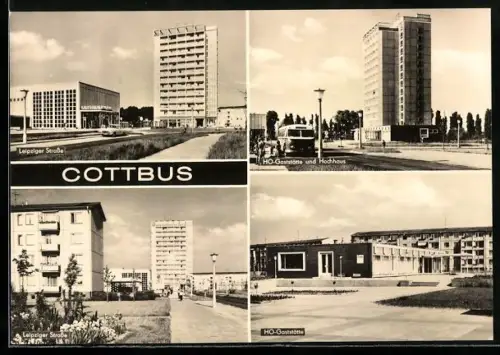 AK Cottbus, HO-Gasthaus und Hochhaus, Leipziger Strasse