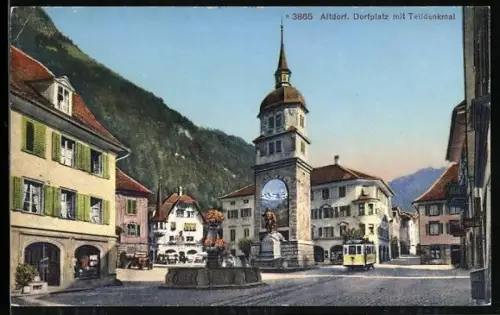 AK Altdorf, Dorfplatzpartie mit Telldenkmal und Strassenbahn