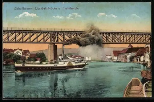 AK Schaffhausen, Eisenbahnbrücke und Rheindampfer