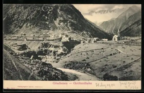 AK Göschenen /Gotthardbahn, Ortsansicht mit Kirche