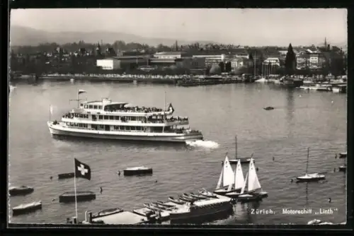AK Zürich, Motorschiff Linth vor der Stadt
