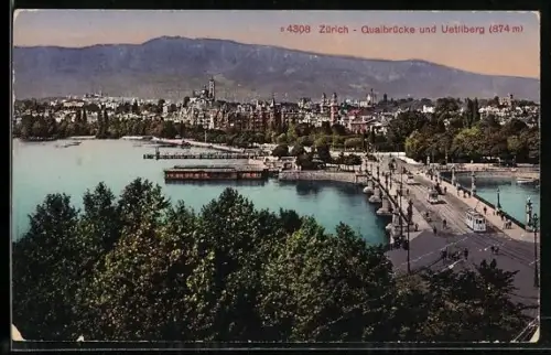 AK Zürich, Quaibrücke mit Strassenbahn und Uetliberg