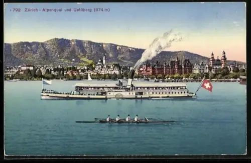 AK Zürich, Dampfer Helvetia passiert den Alpenquai