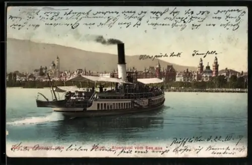 AK Zürich, Dampfer fährt auf den Alpenquai zu