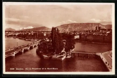 AK Genève, Ile J. J. Rousseau et le Mont-Blanc