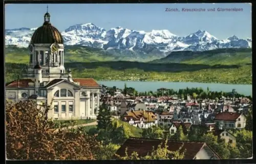 AK Zürich, Kreuzkirche und Glarneralpen