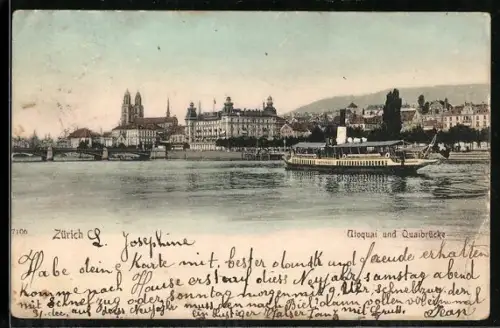 AK Zürich, Utoquai und Quaibrücke, Raddampfer Waedensweil