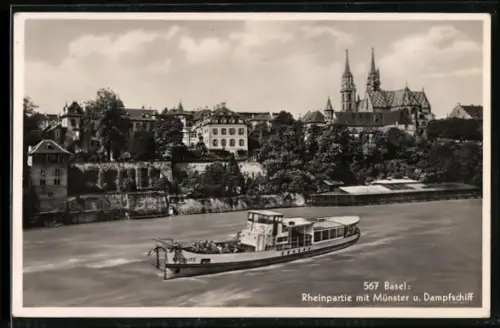 AK Basel, Rheinpartie mit Münster und Dampfschiff Rhy-Blitz