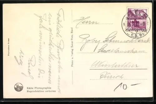 AK Basel, Rheinpartie mit Münster und Dampfschiff Rhy-Blitz