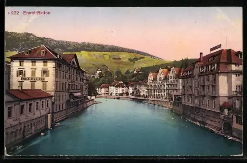 AK Ennet-Baden, Flusspartie mit Hotel Aura und Limmathof