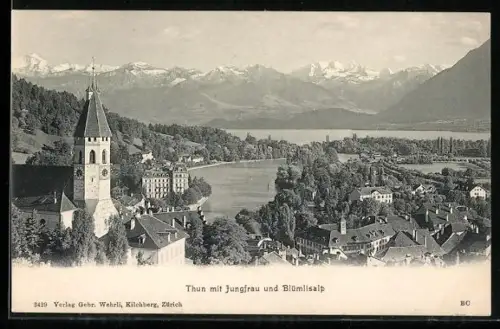 AK Thun, Ortsansicht mit Jungfrau und Blümlisalp