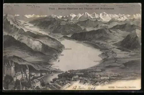 AK Thun, Ortsansicht mit Thuner und Brienzersee