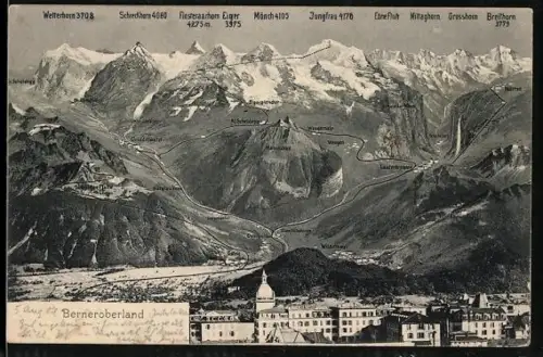 AK Grindelwald /Berneroberland, Ortsansicht mit Bergpanorama, Ebnefluh, Mittaghorn, Breithorn