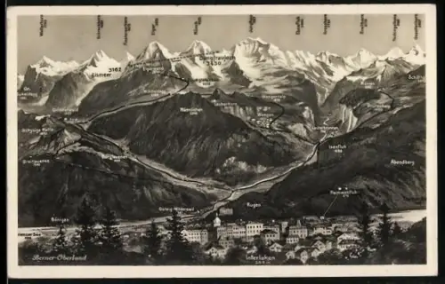 AK Interlaken /Berner-Oberland, Ortsansicht mit Bergpanorama, Eismeer, Abendberg, Mönch, Eiger